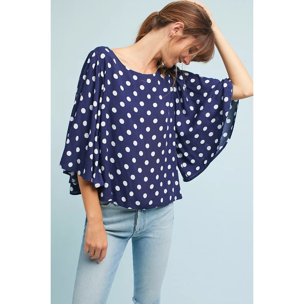 Anthropologie Isla Maude Valentina Floral Top Navy Blue White Polka Dot Small